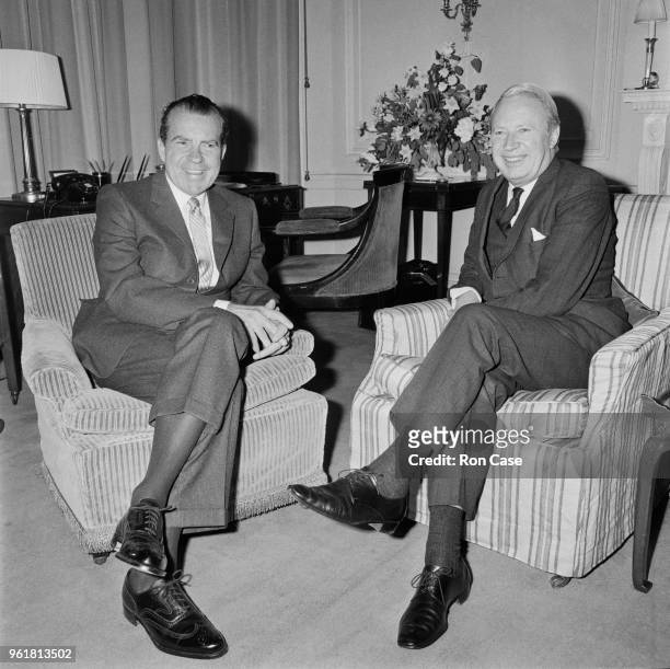 British Conservative politician Edward Heath , Leader of the Opposition, calls on US President Richard Nixon at Claridge's Hotel during the latter's...
