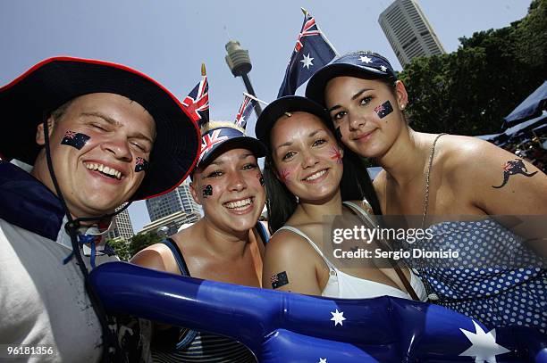 Tourists Tony Humwick, Stacey Smith, Natalie Loughton and Emma Loughton celebrates Australia Day at the Backyard BBQ at Hyde Park on January 26, 2010...