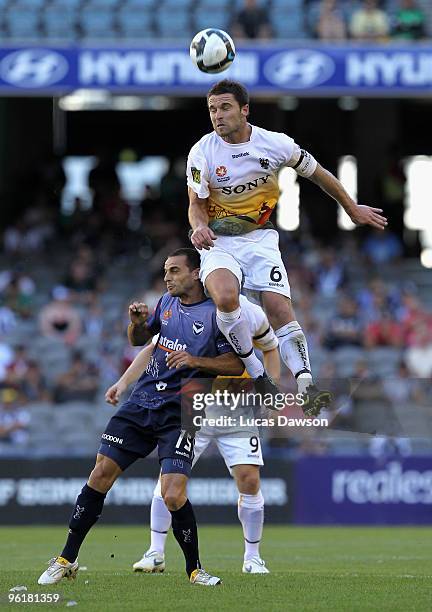 Tim Brown of the Phoenix heads the ball during the round 19 A-League match between the Melbourne Victory and the Wellington Phoenix at Etihad Stadium...