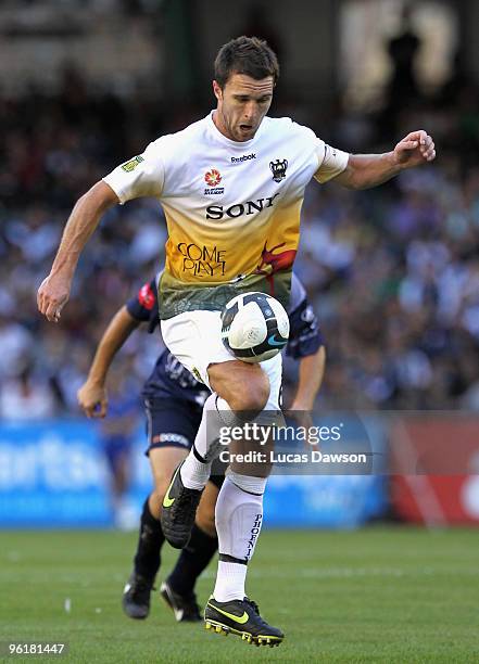 Tim Brown of the Phoenix controls the ball during the round 19 A-League match between the Melbourne Victory and the Wellington Phoenix at Etihad...