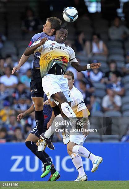 Eugene Dadi of the Phoenix heads the ball during the round 19 A-League match between the Melbourne Victory and the Wellington Phoenix at Etihad...