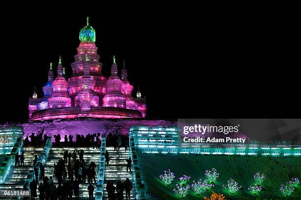 General view of the 26th Harbin International Ice and Snow Sculpture Festival on January 24, 2010 in Harbin, China. The sculptures and buildings are...