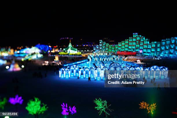 General view of the 26th Harbin International Ice and Snow Sculpture Festival on January 24, 2010 in Harbin, China. The sculptures and buildings are...