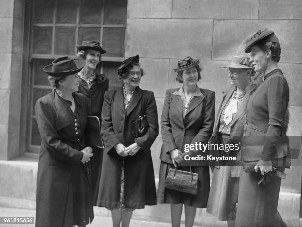 Female British Labour MPs after a meeting at Beaver Hall in Mansion House, London, 28th July 1945. From left to right, Lucy Middleton , Lady Lucy...