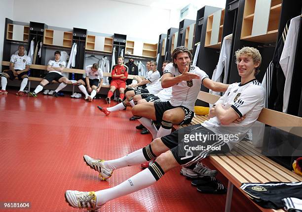 Stefan Kiessling and Mario Gomez of Germany record a Mercedes Benz television advert for the FIFA Wolrd Cup 2010 at the Mercedes Benz Arena on...