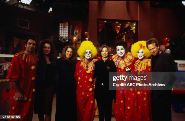 Jay Pickett, Lisa Ann Hadley, Nancy Platt Jacoby, Michael Dietz, Kin Shriner, main cast dressed as clowns behind the scenes on 'Port Charles'.