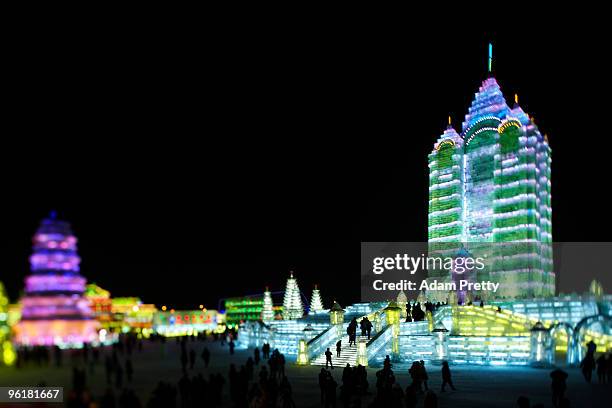 General view of the 26th Harbin International Ice and Snow Sculpture Festival on January 24, 2010 in Harbin, China. The sculptures and buildings are...