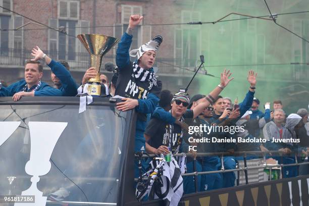 Federico Bernardeschi of Juventus cheers the fans during a victory Parade by Juventus on May 19, 2018 in Turin, Italy.