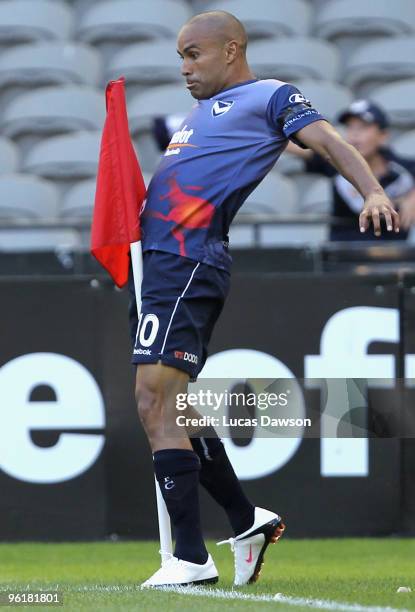 Archie Thompson of the Victory celebrates scoring during the round 19 A-League match between the Melbourne Victory and the Wellington Phoenix at...