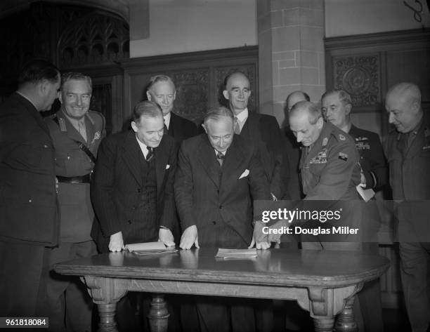 From left to right, Arthur Henderson , the Secretary of State for Air, Manny Shinwell , the Secretary of State for War, and Field Marshal Viscount...