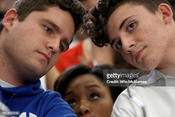 Charlie Mirsky and Alfonso Calderson , students at Stoneman Douglas High School in Parkland, Florida, confer during a forum with the Gun Violence...