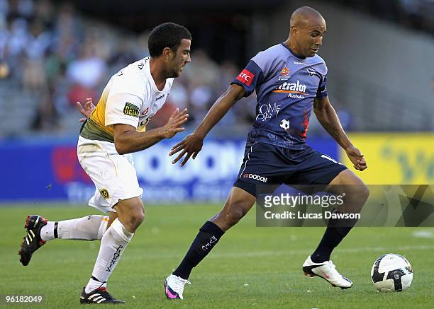 Archie Thompson of the Victory comtrols the ball during the round 19 A-League match between the Melbourne Victory and the Wellington Phoenix at...