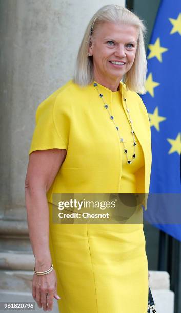 President and CEO Virginia Rometty smiles as she leaves the Elysee Presidential Palace after a meeting with French President Emmanuel Macron on May...