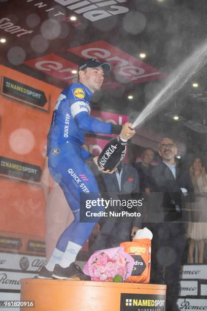 Blue jersey celebrates on the podium Winner stage 17 Elia Viviani Quick-Step Floorsduring the 101st Tour of Italy 2018, Stage 17 RIVA DEL GARDA-ISEO...