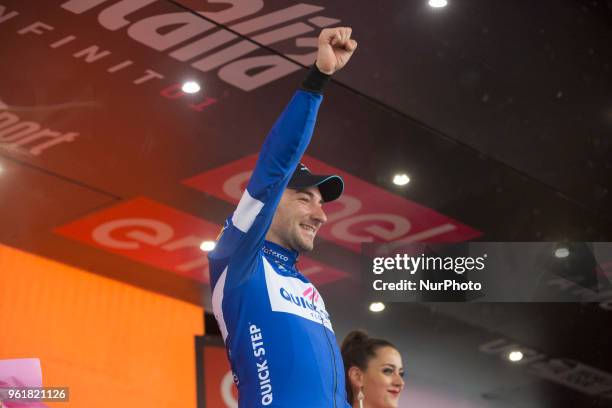 Blue jersey celebrates on the podium Winner stage 17 Elia Viviani Quick-Step Floorsduring the 101st Tour of Italy 2018, Stage 17 RIVA DEL GARDA-ISEO...