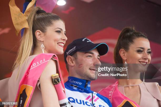 Blue jersey celebrates on the podium Winner stage 17 Elia Viviani Quick-Step Floorsduring the 101st Tour of Italy 2018, Stage 17 RIVA DEL GARDA-ISEO...