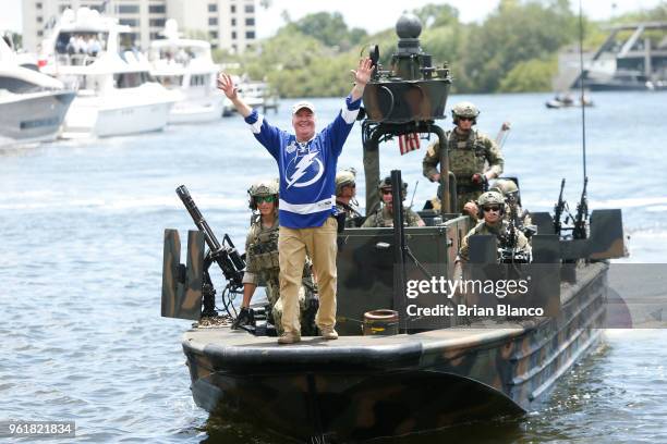 Special operators return to the shore in a Special Operations Craft - Riverine after rescuing Tampa mayor Bob Buckhorn, playing the roll of a...