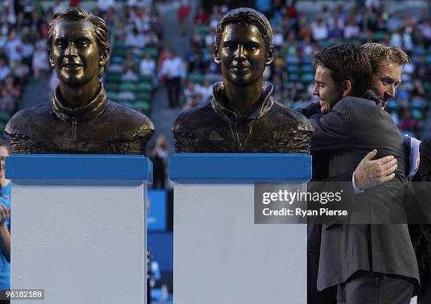 Former Australian tennis players Mark Woodforde and Todd Woodbridge pose after being inducted into the Australian Tennis Hall of Fame during the...