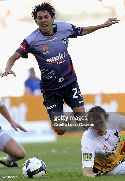 Marvin Angulo of the Victory leaps over the defence during the round 19 A-League match between the Melbourne Victory and the Wellington Phoenix at...