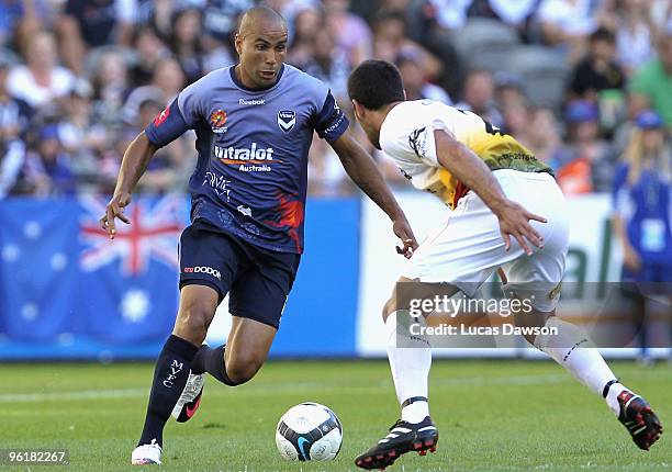 Archie Thompson of the Victory controls the ball during the round 19 A-League match between the Melbourne Victory and the Wellington Phoenix at...