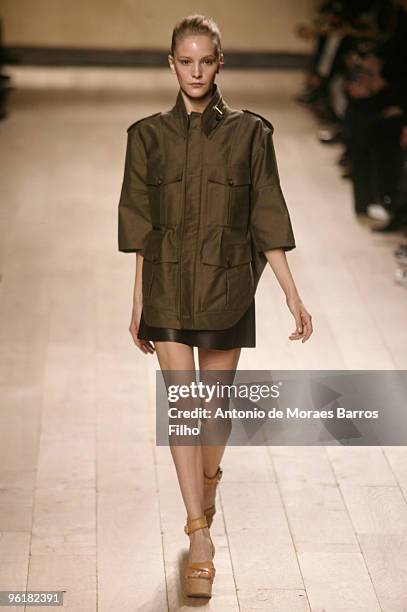 Model walks the runway during the Celine Pret a Porter show as part of the Paris Womenswear Fashion Week Spring/Summer 2010 on October 5, 2009 in...