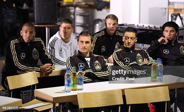 Jerome Boateng, Thomas Hitzlsperger, Manuel Neuer, Miroslav Klose, Mesut Oezil and Sedar Tasci of Germany pose during a record of a Mercedes Benz...