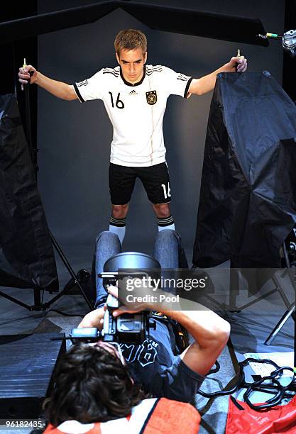 Philipp Lahm of Germany poses during a record of a Mercedes Benz television advert for the FIFA Wolrd Cup 2010 at the Mercedes Benz Arena on January...