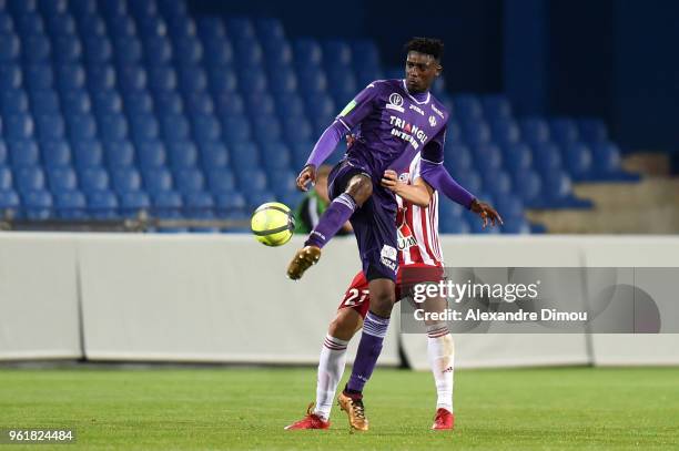 Yaya Sanogo of Toulouse during the Ligue 1 playoff match between AC Ajaccio and FC Toulouse at Stade de la Mosson on May 23, 2018 in Montpellier,...