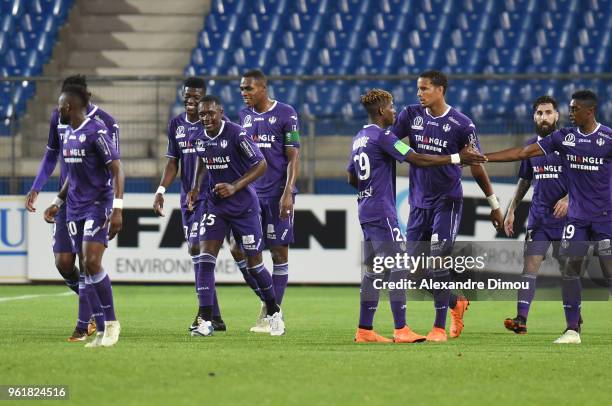 Players of Toulouse celebrates scoring the third goal during the Ligue 1 playoff match between AC Ajaccio and FC Toulouse at Stade de la Mosson on...