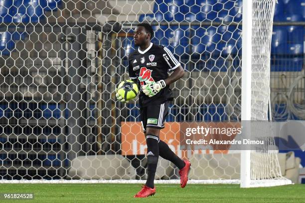 Riffi Mandanda of Ajaccio during the Ligue 1 playoff match between AC Ajaccio and FC Toulouse at Stade de la Mosson on May 23, 2018 in Montpellier,...