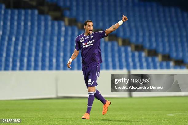 Christopher Jullien of Toulouse celebrates scoring his second side's goal during the Ligue 1 playoff match between AC Ajaccio and FC Toulouse at...