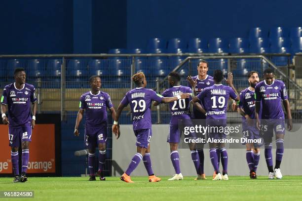 Christopher Jullien of Toulouse celebrates scoring his second side's goal during the Ligue 1 playoff match between AC Ajaccio and FC Toulouse at...