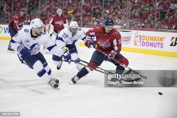 Washington Capitals Dmitry Orlov in action vs Tampa Bay Lightning Tyler Johnson and Yanni Gourde at Capital One Arena. Game 6. Washington DC...