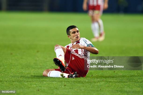 Riad Nouri of Ajaccio looks dejected during the Ligue 1 playoff match between AC Ajaccio and FC Toulouse at Stade de la Mosson on May 23, 2018 in...