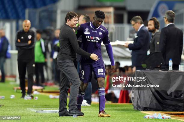 Michael Debeve Coach and Yaya Sanogo of Toulouse during the Ligue 1 playoff match between AC Ajaccio and FC Toulouse at Stade de la Mosson on May 23,...