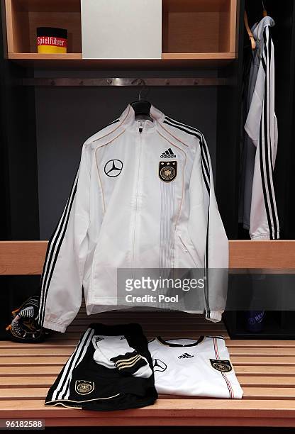 Shirts of the German players hang in the dressing room during a record of a Mercedes Benz television advert for the FIFA Wolrd Cup 2010 at the...