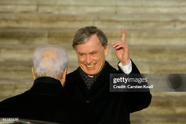 German President Horst Koehler welcomes Israeli President Shimon Peres at the Bellevue palace on January 26, 2010 in Berlin, Germany. Peres is on a...