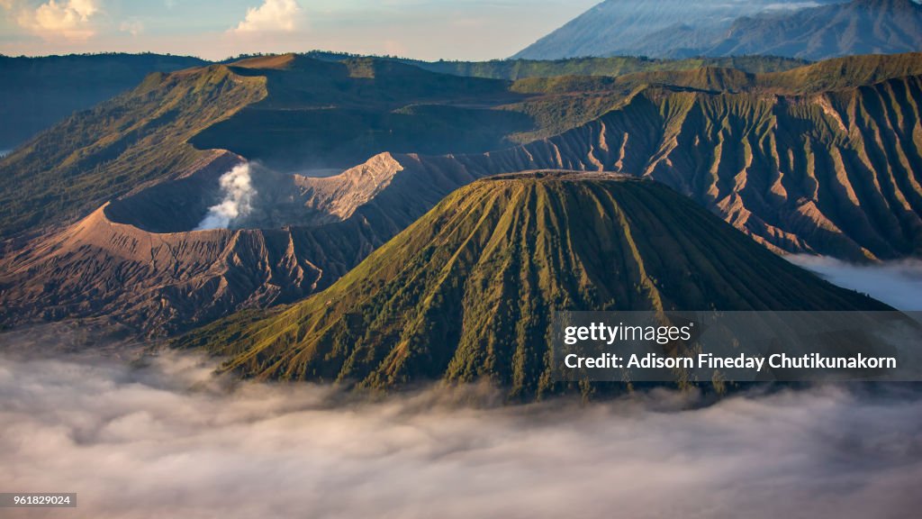 Mountain Bromo, Patok and Semaru in the beautiful morning sunrise