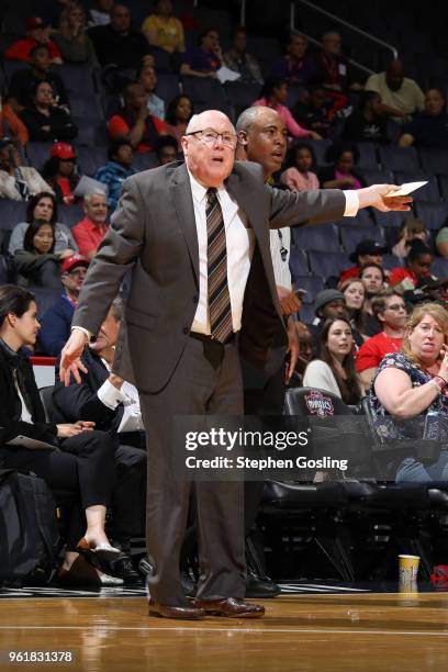 Head Coach Mike Thibault of the Washington Mystics makes a call during the game against the Las Vegas Aces on May 22, 2018 at Capital One Arena in...