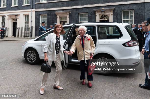 Mary Ellis the last surviving female pilot of WW2 arrives in Downing Street as British Prime Minister Theresa May hosts a reception for veterans,...