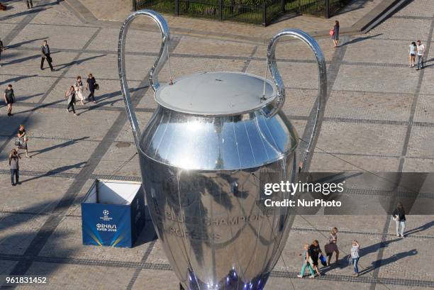 View of a giant replica of the UEFA Champions League trophy in center of Kiev, Ukraine, 23 May, 2018.Kiev is preparing for the 2018 UEFA Champions...