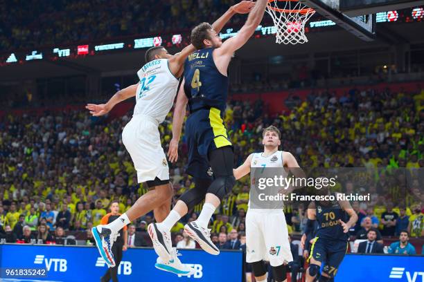 Walter Tavares, #22 of Real Madrid competes with Nicolo Melli, #4 of Fenerbahce Dogus Istanbul during the 2018 Turkish Airlines EuroLeague F4...