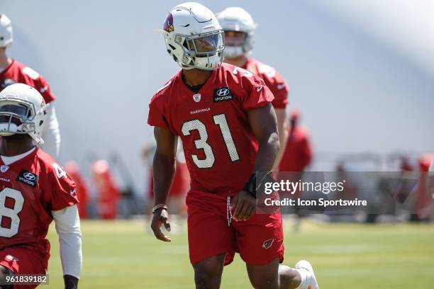 Arizona Cardinals running back David Johnson warms up during the Arizona Cardinals OTA on May 23, 2018 at the Arizona Cardinals Training Facility in...