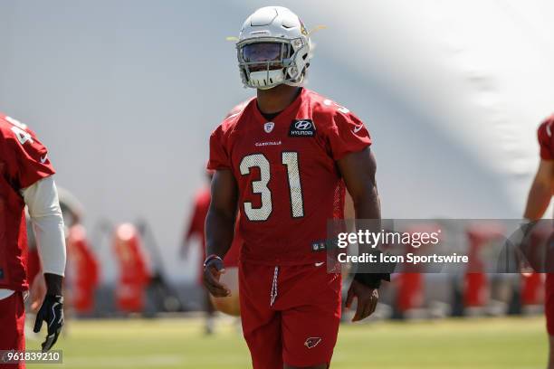 Arizona Cardinals running back David Johnson warms up during the Arizona Cardinals OTA on May 23, 2018 at the Arizona Cardinals Training Facility in...