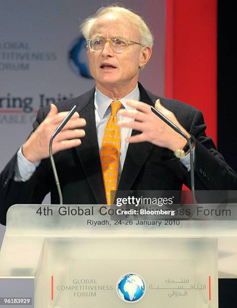 Michael Porter, a professor at Harvard Business School, speaks at the Global Competitiveness Forum in Riyadh, Saudi Arabia, on Tuesday, Jan. 26,...