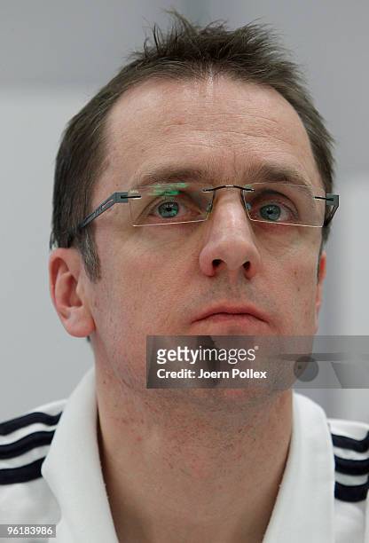 Doctor and member of the medical team Tim Meyer of German football association speaks to the media during a DFB press conference at the Le Meridien...