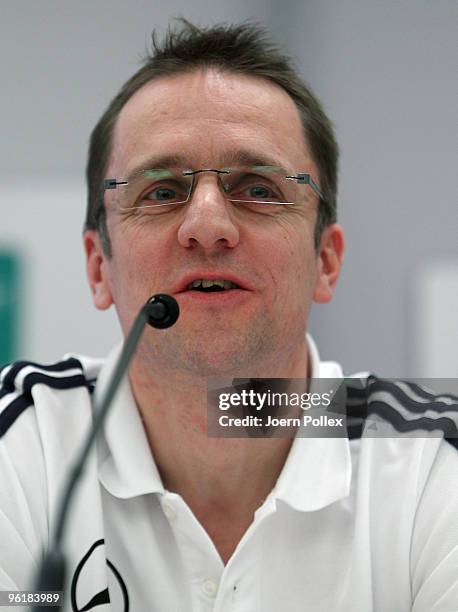 Doctor and member of the medical team Tim Meyer of German football association speaks to the media during a DFB press conference at the Le Meridien...