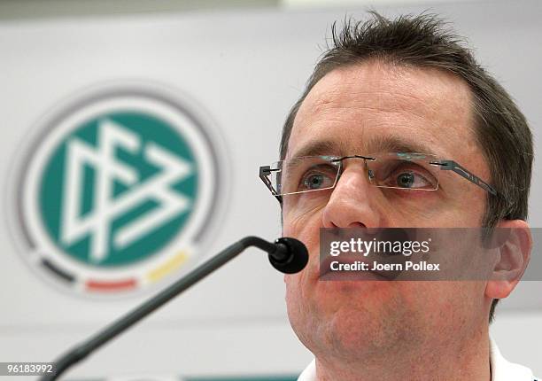 Doctor and member of the medical team Tim Meyer of German football association speaks to the media during a DFB press conference at the Le Meridien...