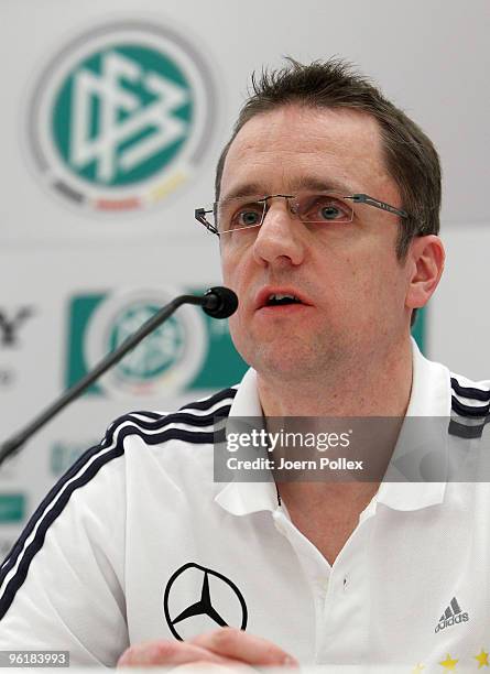 Doctor and member of the medical team Tim Meyer of German football association speaks to the media during a DFB press conference at the Le Meridien...