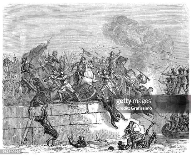 conquistador hernán cortés leaving the city of tenochtitlan after montezuma ii death - hernan cortes stock illustrations